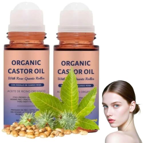 Image of Organic Castor Oil Roll On with Rose Quartz Roller, 100% Pure Cold Pressed Oil, Deeply Moisturising & Anti Ageing, for Face, Under Eyes, Lashes and Hair, 2 Bottle