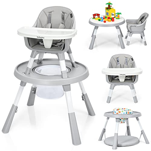 Image of BABY JOY 7 in 1 Baby High Chair, Convertible High Chairs for Babies and Toddlers, Building Block Table, Toddler Chair with Adjustable Legs, Removable Tray, Storage Basket, Safety Harness (Gray)