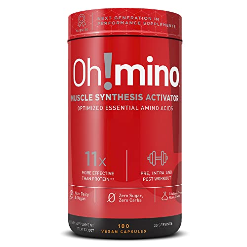 Oh!mino Oh! Nutrition Muscle Synthesis Activator, Electrolyte Capsules with Essential Amino Acids & 100mgs of Pharma-Grade Caffeine, Pre Workout, Post Workout for Men and Women, 180 Vegan Capsules
