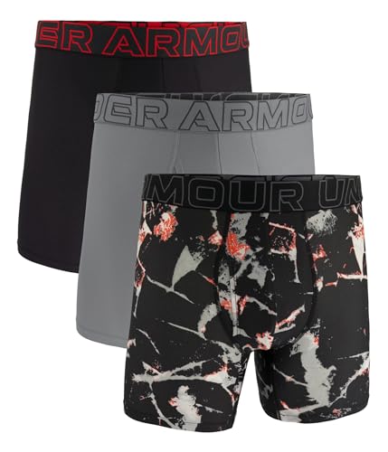 Under Armour Paquete de 3 calzoncillos tipo bóxer Performance Tech Mesh Print de 6 pulgadas para hombre, ACERO, Large