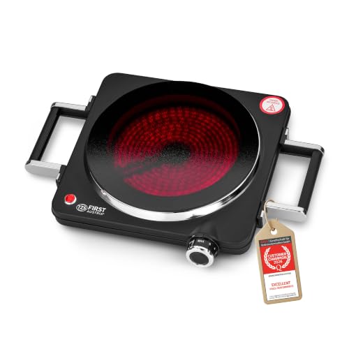 TZS First Austria - Placa Infrarroja 1500W - Vitrocerámica para todo tipo de ollas - Hornillo eléctrico con asas, ajuste continuo & luz de control - Ø 220 mm - Negro