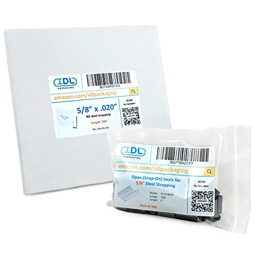 Image of IDL Packaging Refill for Portable 5 /8 inch Steel Strapping Kits for Packaging Strapping - 5 /8 inch x 200' Steel Strapping Coil in Self-Dispensed Cardboard Box and 100 of 5 /8 inch Open Seals