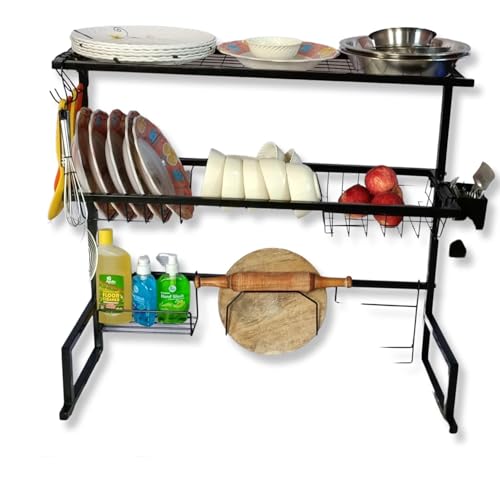 Image of 3 Tier Adjustable Height Kitchen Dish Rack over Sink for Double Sink, Black Dish Drying Rack MS Steel Display, Rust Proof