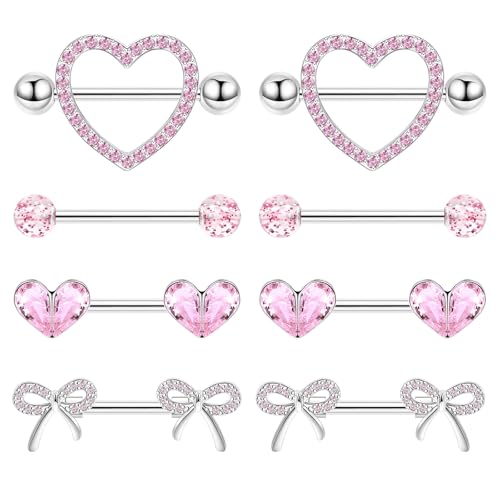 ZenithAura 4 Paare Titan Nippelpiercing Für Damen Herz Nippel Barbell Zungenpiercing CZ Nippelring Set Süße Schleife Nippelpiercing Schmuck