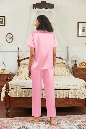 Image of Ekouaer Satin Pajamas Set for Women Silk Button Down Sleepwear Short Sleeve Loungewear 2 Pieces Nightwear