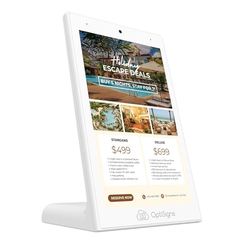 Image of OptiSigns OptiKiosk 10 - Countertop Digital Signage Kiosk, 10.1 inch HD Touchscreen Display with Wi-Fi, Ethernet & Bluetooth, Software, Optional Background Music
