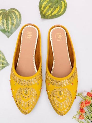 Image of OPIVE's Mehandi Women's Mojari Jutti Ethnic Punjabi Juttis Traditional Flat Embroidered Canvas Fancy Bellies Comfortable Sole for Womens & Girls
