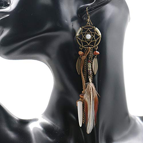 Vintage Ethnic Long Tassel Feather Beads Dream Catcher Drop Earrings Punk Wolf Tooth Pendant Bohemia Dreamcather Earring4