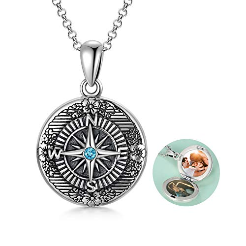 AOBOCO Graduation Gifts for Her, 925 Sterling Silver Compass Locket Necklace That Holds Pictures, Engraved with 'Enjoy the Journey', Oxidized Lockets Necklace for Women, Crystals from Austria