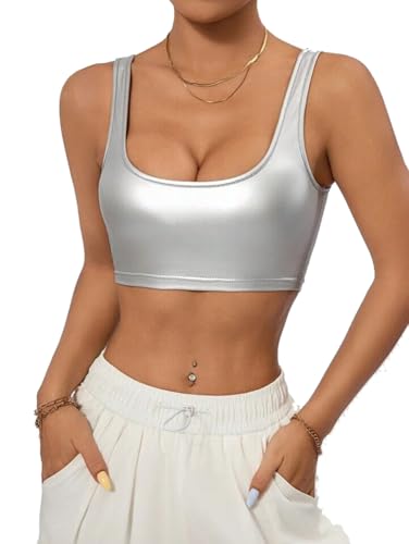 Women's Faux PU Leather Square Neck Sleeveless Shirts Slim Fit Casual Latex Tank Crop Mini Top Silver