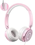 On Ear Headphones with Microphone, Lightweight Portable Fold-Flat Headsets with Stereo Bass, Safe Volume Limited 94dB and Adjustable Headband for Kids Girls at Home School Office Travel, Pink