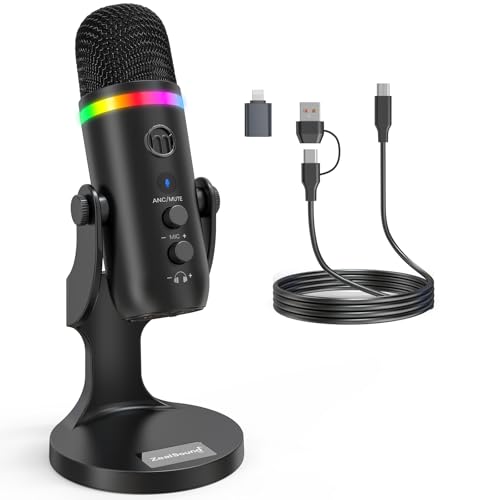 ZealSound Micrófono USB RGB para PC, Mac, iPhone y PS5, micrófono de podcast con cancelación de ruido Plug & Play, silencio, ganancia, eco y monitor, para transmisión, grabación, juegos, YouTube
