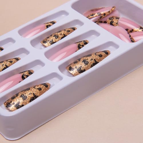 Almond Press on Nails - Gold Leopard Acrylic French Tips