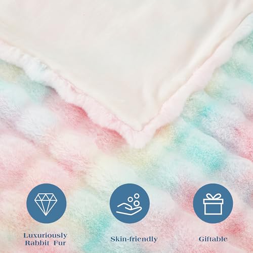 JONIYEAR Large Decorative Colorful Bubble Faux Rabbit Fur Bed Blanket Full Size 70" x 80", Soft Thick Warm Fluffy Blankets for Winter, Luxury Shag Big Cozy Fuzzy Furry Blanket for Women Girls, Rainbow