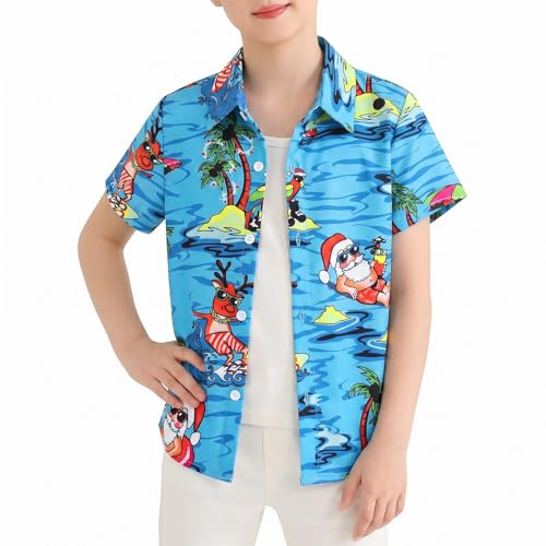 PNORATM Boys Girls Christmas in July Shirt Kids Hawaiian Button Down Shirts Summer Casual Short Sleeve Blouses Tops Tropical Hawaiian T Shirts for Boy Girl Christmas Shirt