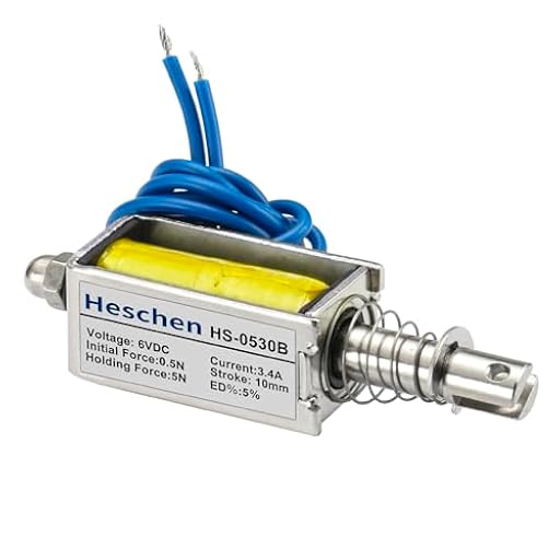 Heschen Electromagnético solenoide CC, Tipo de empuje y tracción, HS-0530B, DC6V 3.4A, Acción de 10 mm, Fuerza inicial 0.5N, Fuerza máxima de mantenimiento 5N, Marco abierto, Movimiento lineal | Ya disponible en tu tienda friki favorita! En mundofriki.es!