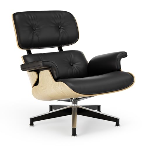 Image of Top Black Grain Leather, Mid Century Chaise Lounge Chair and Ottoman, Modern Chair Classic Design, Ash Wood, Heavy Duty Base Support for Living Room Office