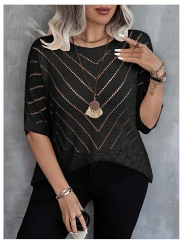 Women's Plus Size Crochet Sweater Hollow Out Lightweight Sweater Crew Neck Half Sleeve Summer Spring Autumn Knit Top3