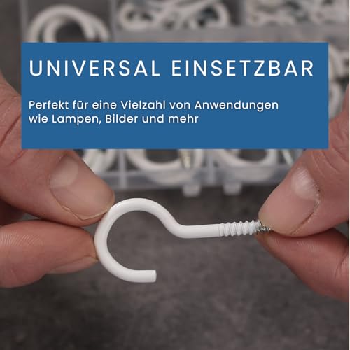 QUADRIOS Schraubhaken Set – 55 Stück Hakenschrauben aus beschichtetem Stahl, Weiß – Decken- & Wandhaken für Innen & Außen