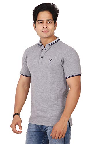 Image of Basilio Cotton Blend Polo Neck Half Sleeve Contrast Half Placket Regular Fit Button Down T-Shirt(Tee) for Men