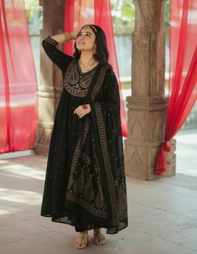 Image of GoSriKi Rust Anarkali Kurta Set for Women with Dupatta | Cotton Kurti Set for Woman | Embroidered Anarkali Suit for Women Kurti Pant Set with Dupatta | Suit Set for Women Latest