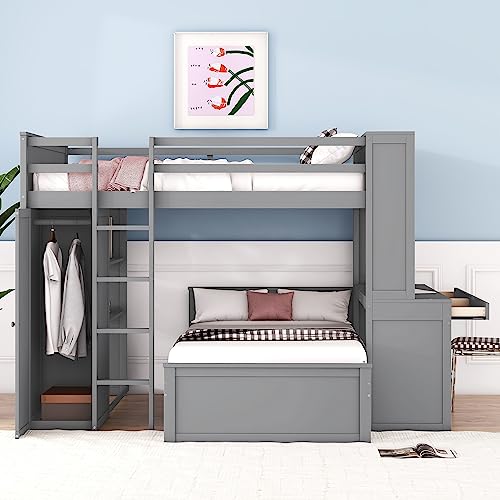 SOFTSEA Full Over Twin Bunk Bed for Kids Teens Wood Bunk Bed with Desk Wardrobe and Storage, Loft Bunk Bed with Stand-Alone Bed, Full Loft Bed and Twin Bed Frame Set, No Box Spring Needed