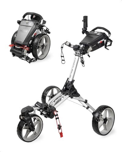 Caddytek CaddyLite Auto+360 Golf Push Cart - 4 Wheel Lightweight Foldable Golf Pushcart with Auto Folding 360 Swivel Front Wheel Aluminum Frame EVA Wheels Foot Brake Umbrella & Drink Holder