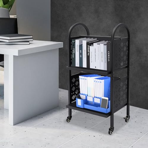 HOLMZCED 2 Tiers Rolling Utility Cart with Handle, Rolling Book Cart Movable Storage Book Shelves Mobile Book Carts Floor Cart Organizer with Wheels Black for Home Office Library - Thumbnail 3