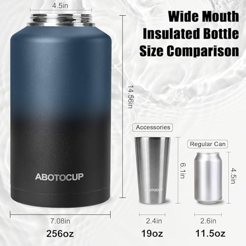 Image of ABOTOCUP 2 Gallon Water Jug with Wide Mouth, 256oz Insulated Water Bottle Keep Cold24h&Hot12h, Comes with Ergonomic Handle, Two Double Walled 16oz 18 /8 Stainless Steel Cups Thermo Canteen Mug