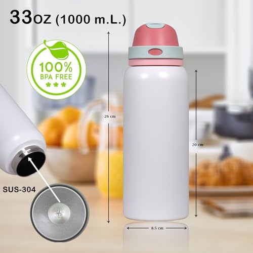 Image of FreeSip Gym Water Bottle with Straw & Chug Lid - Leak Proof Push Button Opening, BPA Free, Large Capacity Sports Bottle with Carry Handle (Off-White 33 OZ, 1000 ml)