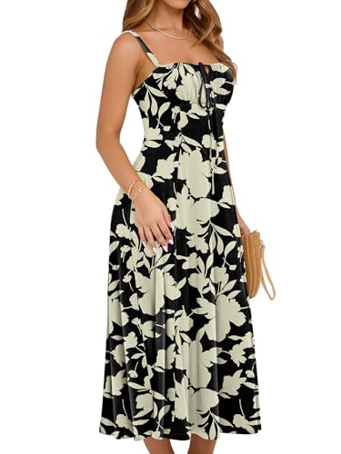 Image of YATHON Women's Summer Midi Corset Boho Dresses Spring Casual Floral Spaghetti Straps Lace Up Dress Flowy Aline Beach Sundress