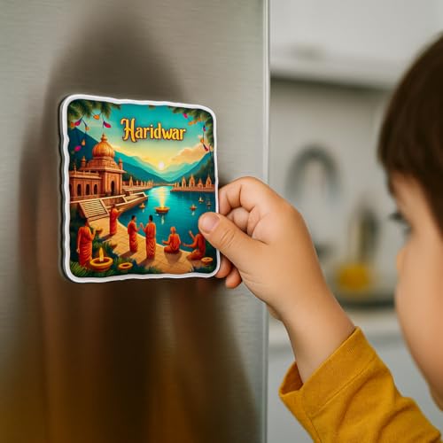 Image of Naxon Haridwar Theme Souvenir Wooden Fridge Magnet for Refrigerator - Printed Fridge Magnet for Kitchen & Home Decor | Perfect Souvenir Gift | Size 3x3 in | Pack of 1