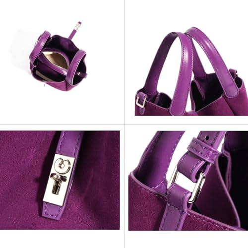 Small Suede Bucket Bags for Women Genuine Leather Suede Shoulder Purse Vintage Top Handle Handbag4