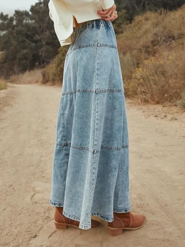 THLAI Womens Maxi A Line Bohemian Denim Skirt Daily Pleated Skirt3