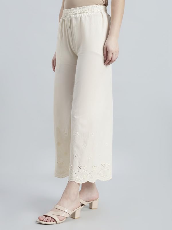 Image of GO COLORS Women Cotton Hakoba Wide Pant Ankle Length, Floral Embroidery, Relaxed Fit, Mid-Rise with Side Pocket