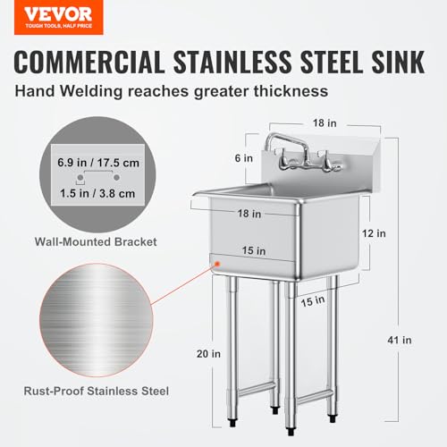 VEVOR Stainless Steel Prep & Utility Sink, 1 Compartment Free Standing Small Sink Include Faucet & legs,commercial Single Bowl Sinks for Garage, Restaurant, Kitchen, Laundry