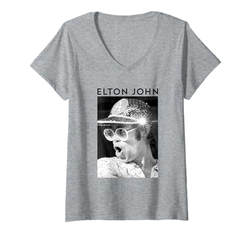 Image of Womens Elton John Official Black & White Photo Sequin Cap V-Neck T-Shirt