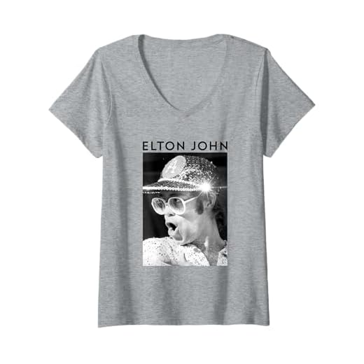 Womens Elton John Official Black & White Photo Sequin Cap V-Neck T-Shirt