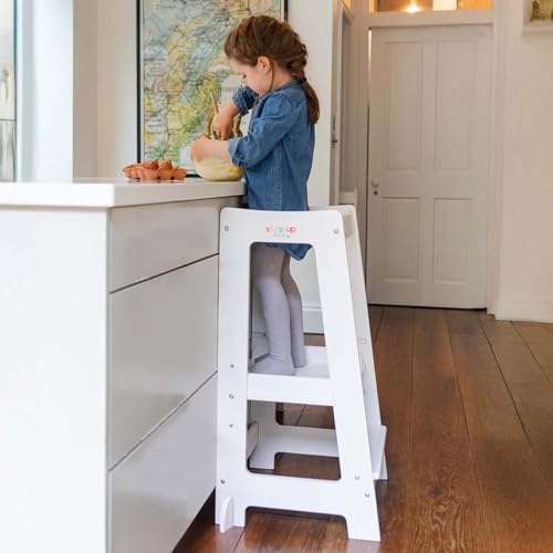 Stepup Toddler Tower with Adjustable Step, White Montessori Toddler Stool