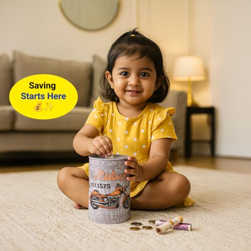 Image of Market99 Round Money Bank | Grey Tin Coin Bank with Glossy Finish & Inspiring Quote Pattern | Cute & Durable Piggy Bank for Kids, Adults, Office Desk & Home Decor | Ideal Gift Option