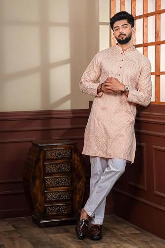 Image of LookMark Men's Printed Silk Blend Kurta with Mandarin Collar, Full Sleeves, Straight Fit Traditional Ethnic Wear