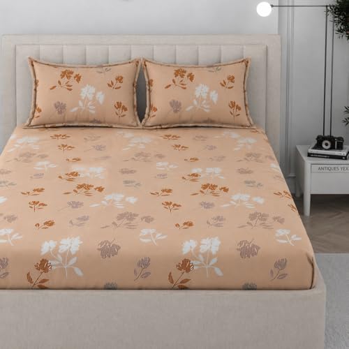 Image of 350 TC Premium Heavy Cotton Feel Elastic Fitted Bedsheet Queen Size with 2 Pillow Covers || Double Bed with All Around Elastic (Honey Blossom, Fitted - Double72x72)