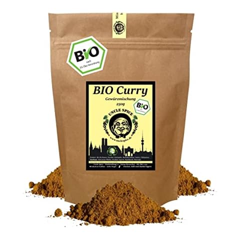 Uncle Spice BIO CURRY Gewürzmischung - 250g Currypulver nach altem indischen Hausrezept - PREMIUMQUALITÄT - Bio Curry Pulver Madras Art ohne Zusätze, für Soßen und Currywurst, DE-ÖKO-005 Cover