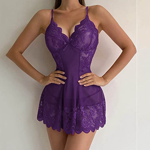 Ontspannen Overmaats Nachthemd Nachtkleding Women Fashion Floral Lace Cover Up Suit Scallop Trim Slip With Thong Women Costumes Red Lace Lingerie (Purple, M) - Image 8