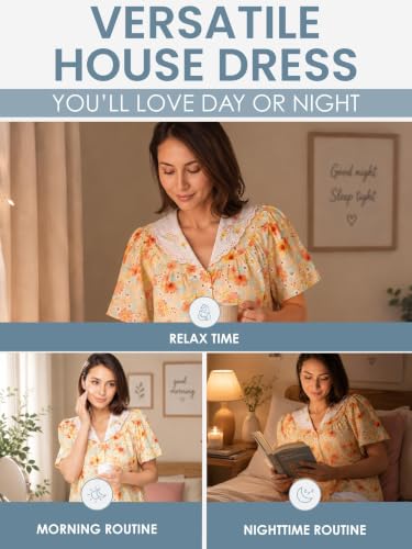 Image of Casual Nights Women's Snap - Front House Dress Short Sleeve Woven Housecoat Duster Lounger Robe with Pockets