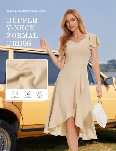 Image of HomRain V Neck Formal Wedding Guest Dresses for Women Ruffle Sleeves for Cocktail Graduation Modest Dress