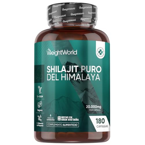 Shilajit Puro del Himalaya 20000mg, 180 Cápsulas Veganas, 6 Meses de Suministro - Extracto de Shilajit 40:1, Apto para Veganos, 1 Cápsula al Día, Sin Estearato de Magnesio ni OGM