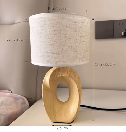 Ceramic Table Lamp,Bedside Lamp For Bedroom,Small Cute Bedside Lamp With Linen Beige Lampshade,Nightstand Lamp For Nursery, Kid Room, Living Room,Light Yellow Wood Grain Base, E26 Socket, 12. - Image 4