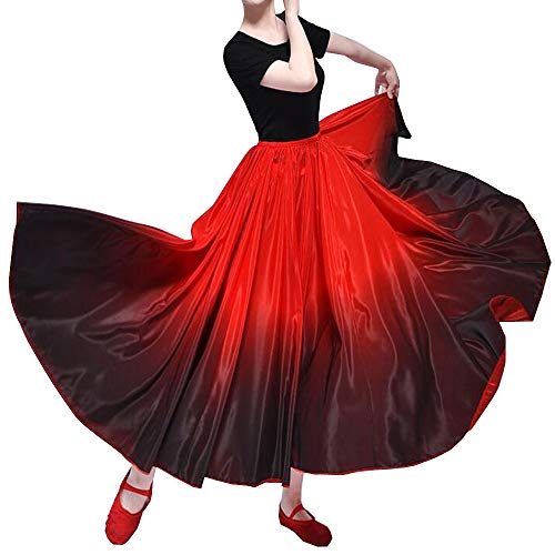 Womens Elegant Silk Feel Performance Long Skirt Black Red Indian Gradient Spain Bull Belly Dancer Dress Party Dress