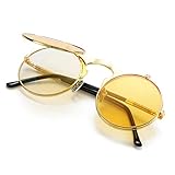 COASION Yellow Round Flip Up Sunglasses for Men Women Juniors Circle Steampunk Costume Glasses (Gold Frame/Yellow Lens)
